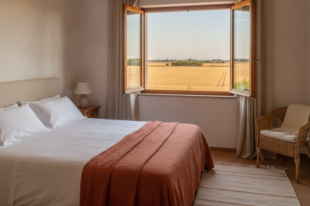 Camera luminosa con letto rifatto e coperta color terracotta, finestra aperta sulla campagna