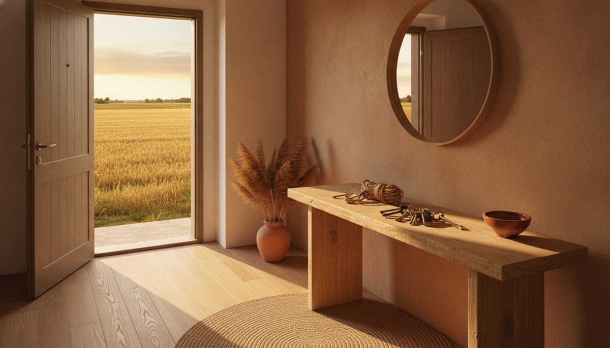 Ingresso di una casa appena sistemata: consolle in legno chiaro, specchio tondo e una porta aperta sulla campagna