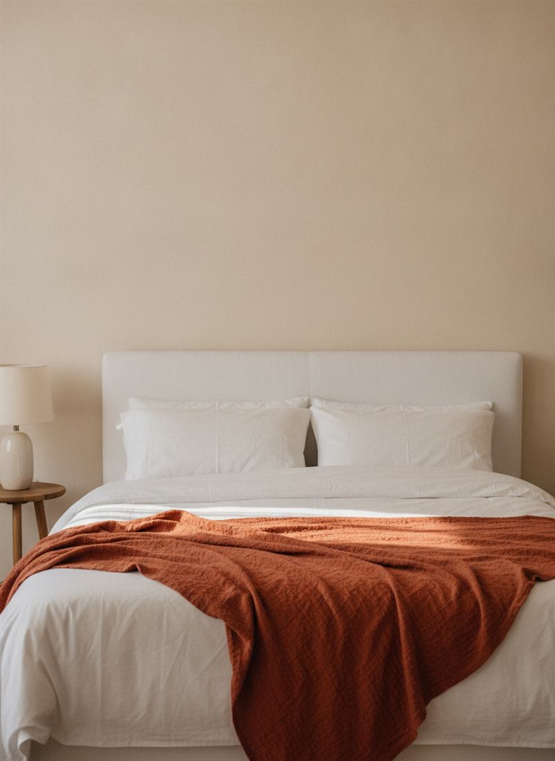 Camera dalle pareti chiare con letto bianco e comodino in legno