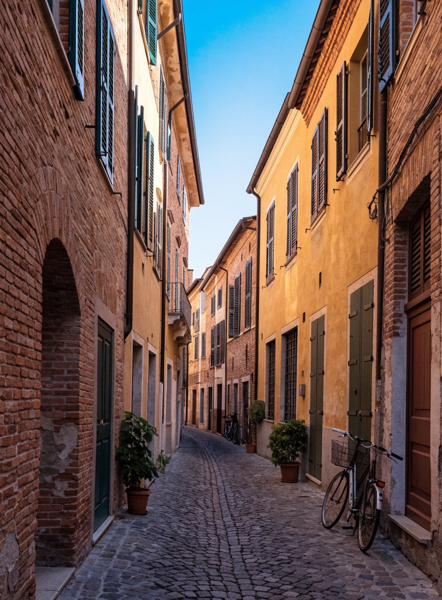 Via acciottolata del centro storico fra case in mattoni e intonaco, persiane, vasi alle porte e una bicicletta appoggiata al muro