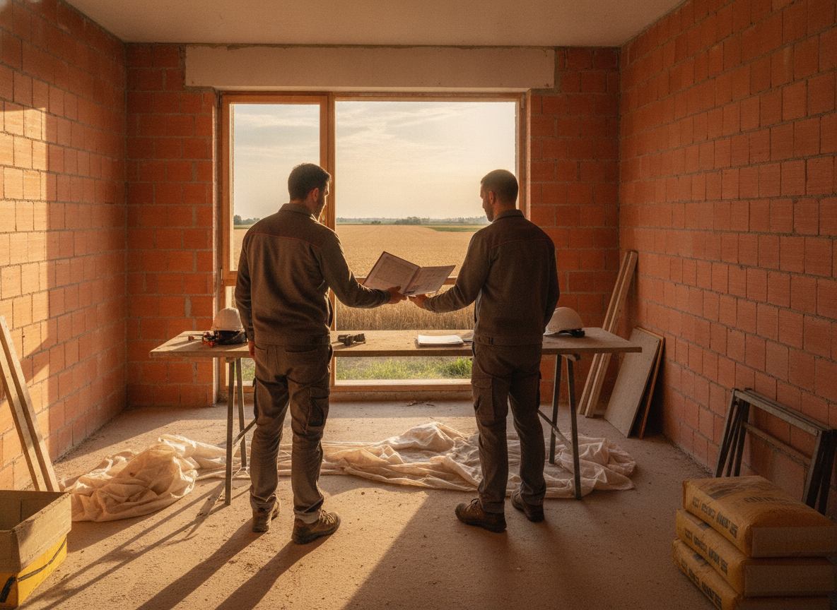 Due persone in piedi a un tavolo leggono insieme un documento in una stanza dalle pareti in mattoni