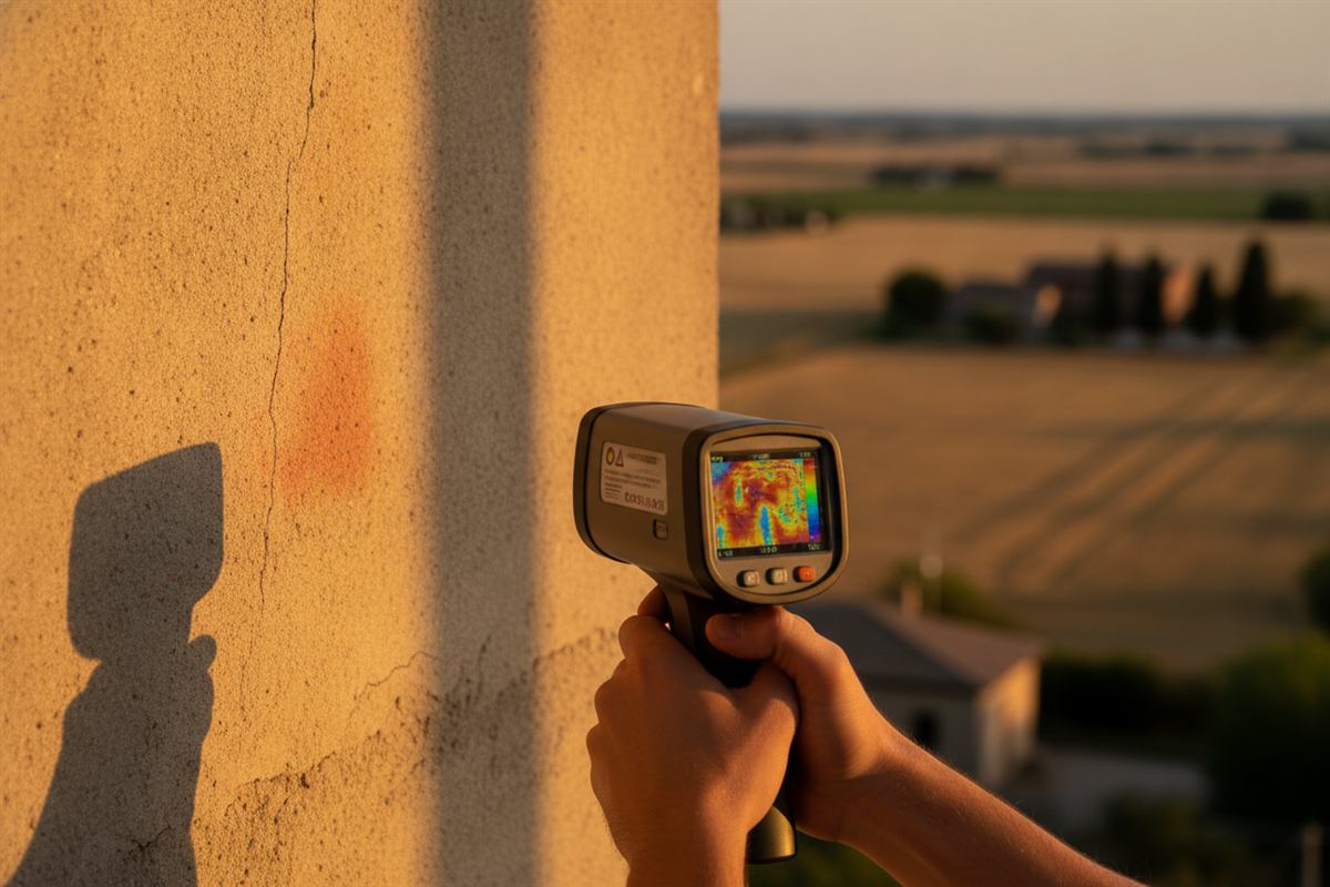 Una mano regge una termocamera puntata sulla parete di una stanza durante un sopralluogo